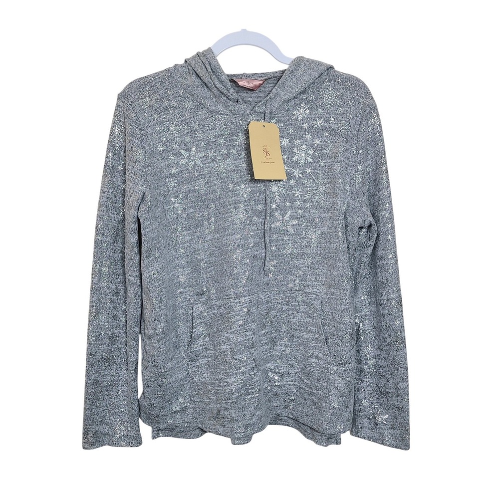 Gray‎ Silver Snowflake Foil Print Hoodie M Winter Holiday Festive Cozy